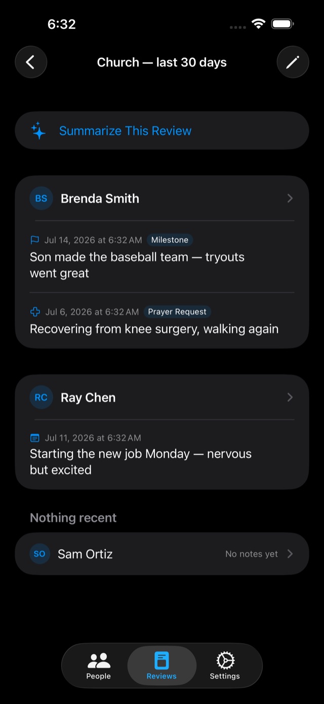 A review feed in dark mode